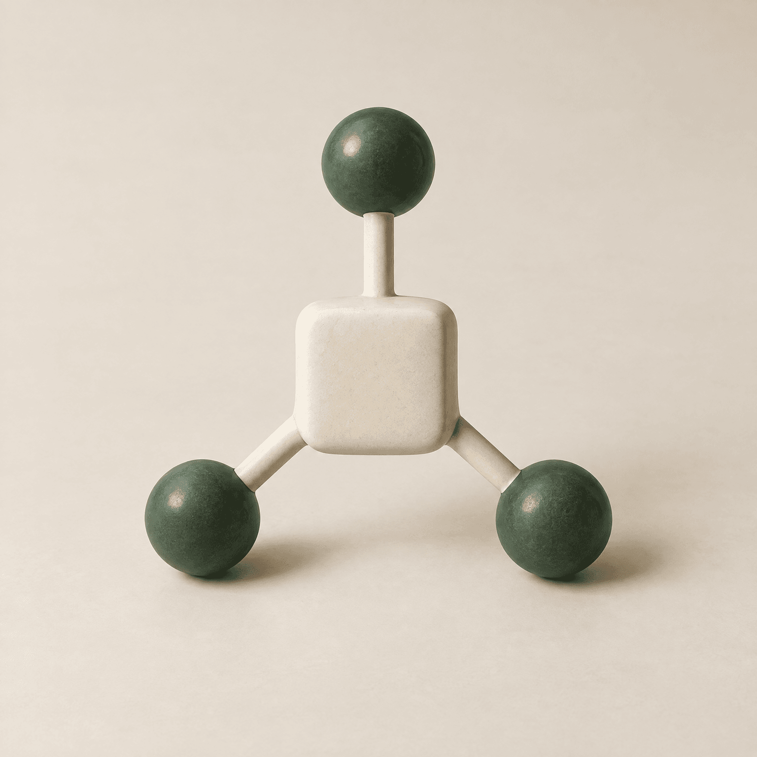 Abstract ivory square company form with three forest-green nodes linked around it — many owners, one company.
